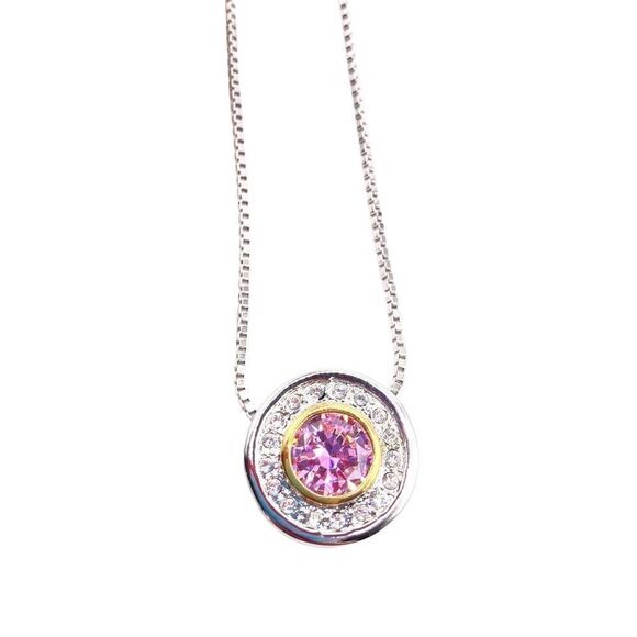 Silver pink clear cubic zirconia halo pendant necklace - Picture 4 of 5
